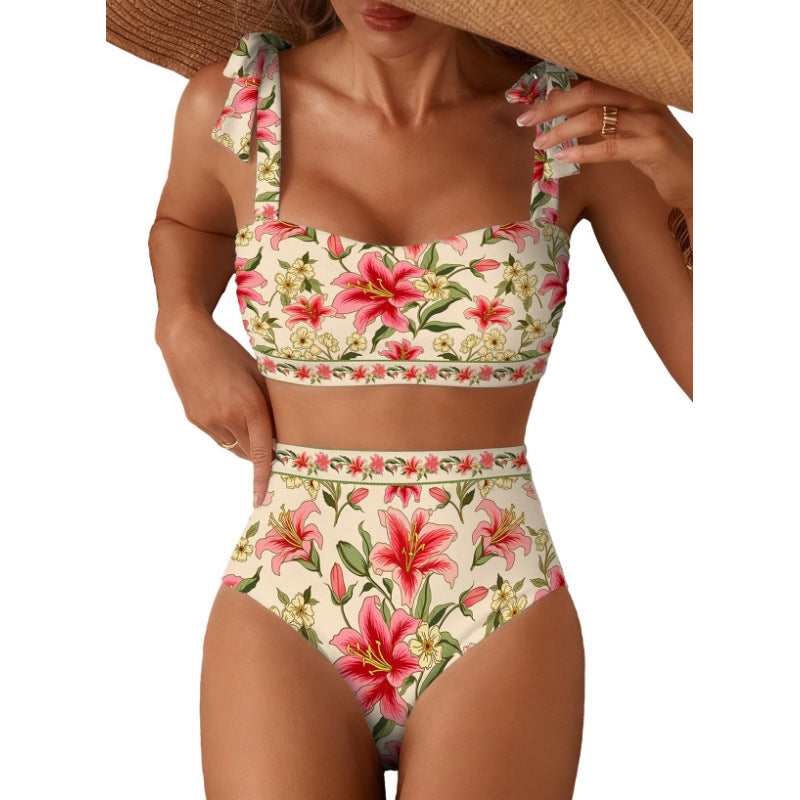 Tie-Shoulder Striped High-Waisted Bikini Set – Two-Piece Swimsuit for Women