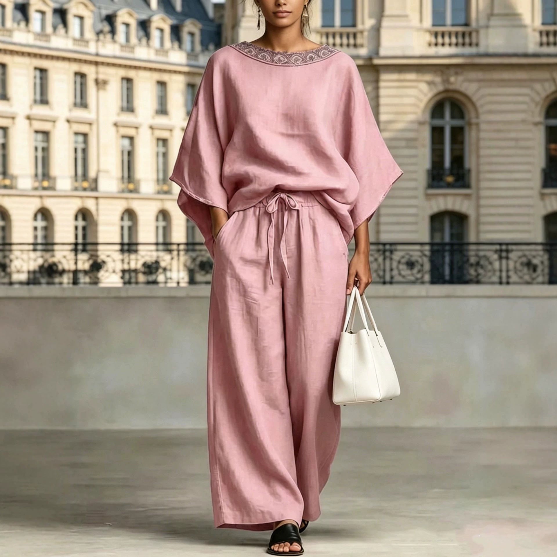 Women's Lace Trim Batwing Top & Wide-Leg Pants Two-Piece Set