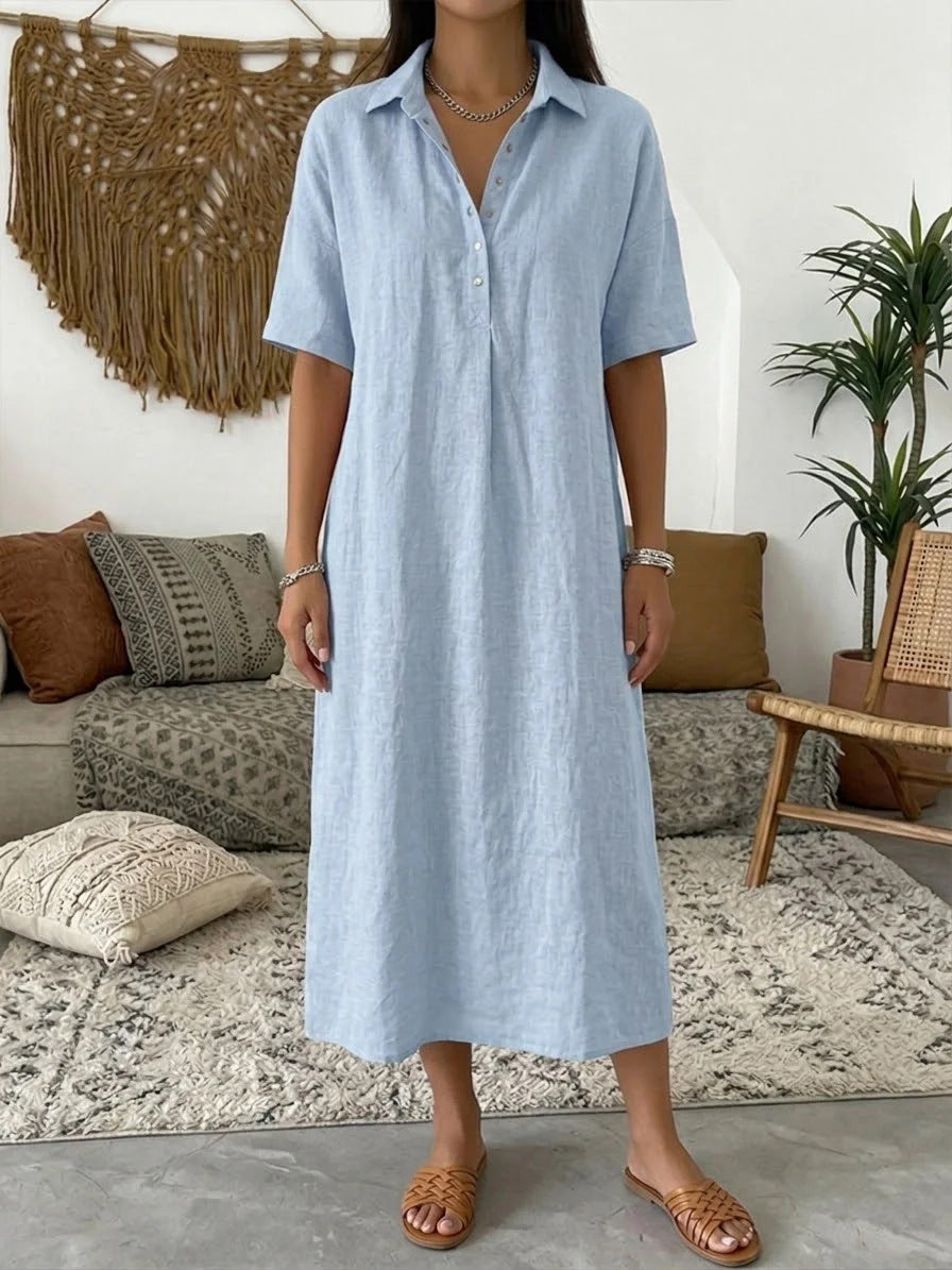 Women's Linen Blend Short Sleeve Polo Neck Maxi Dress