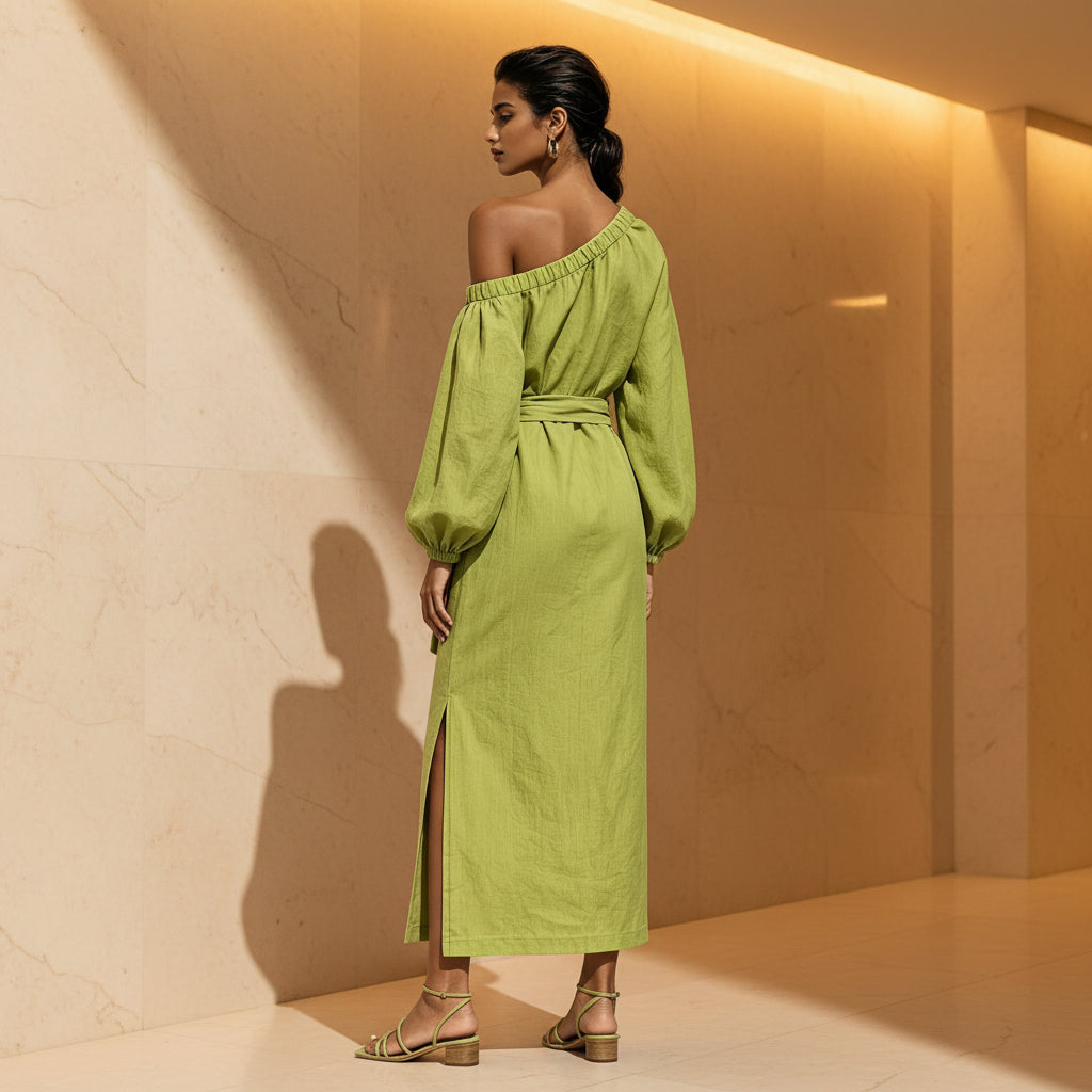 Women's Asymmetric Neck Linen Maxi Dress – Belted with Side Slit & Pockets