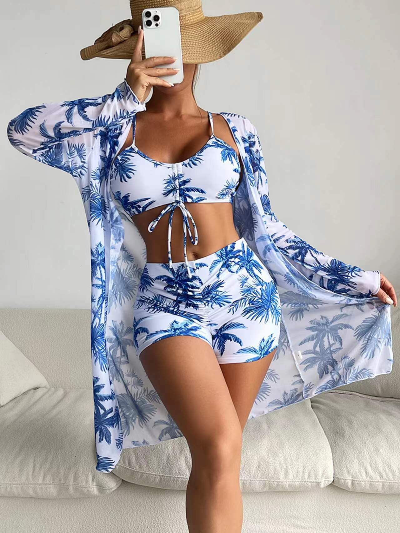 Mesh Cover-Up Three-Piece Swimwear Set – Bikini with Leg-Length Briefs