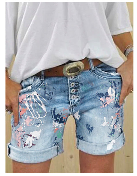 Women's High-Waist Printed Elastic Denim Shorts with Button Closure