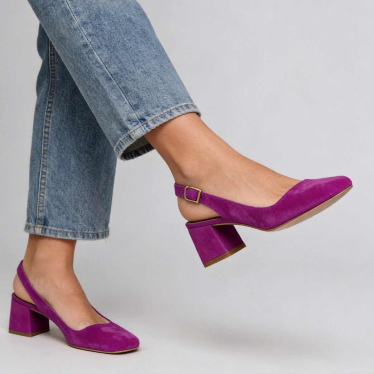 Women's Square Toe Slingback Chunky Heels – Buckle Strap Wide Fit