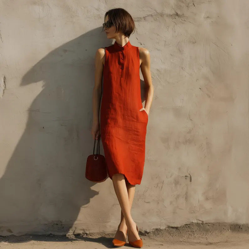 Women's Sleeveless A-Line Midi Dress – Solid Color Cotton Linen Casual