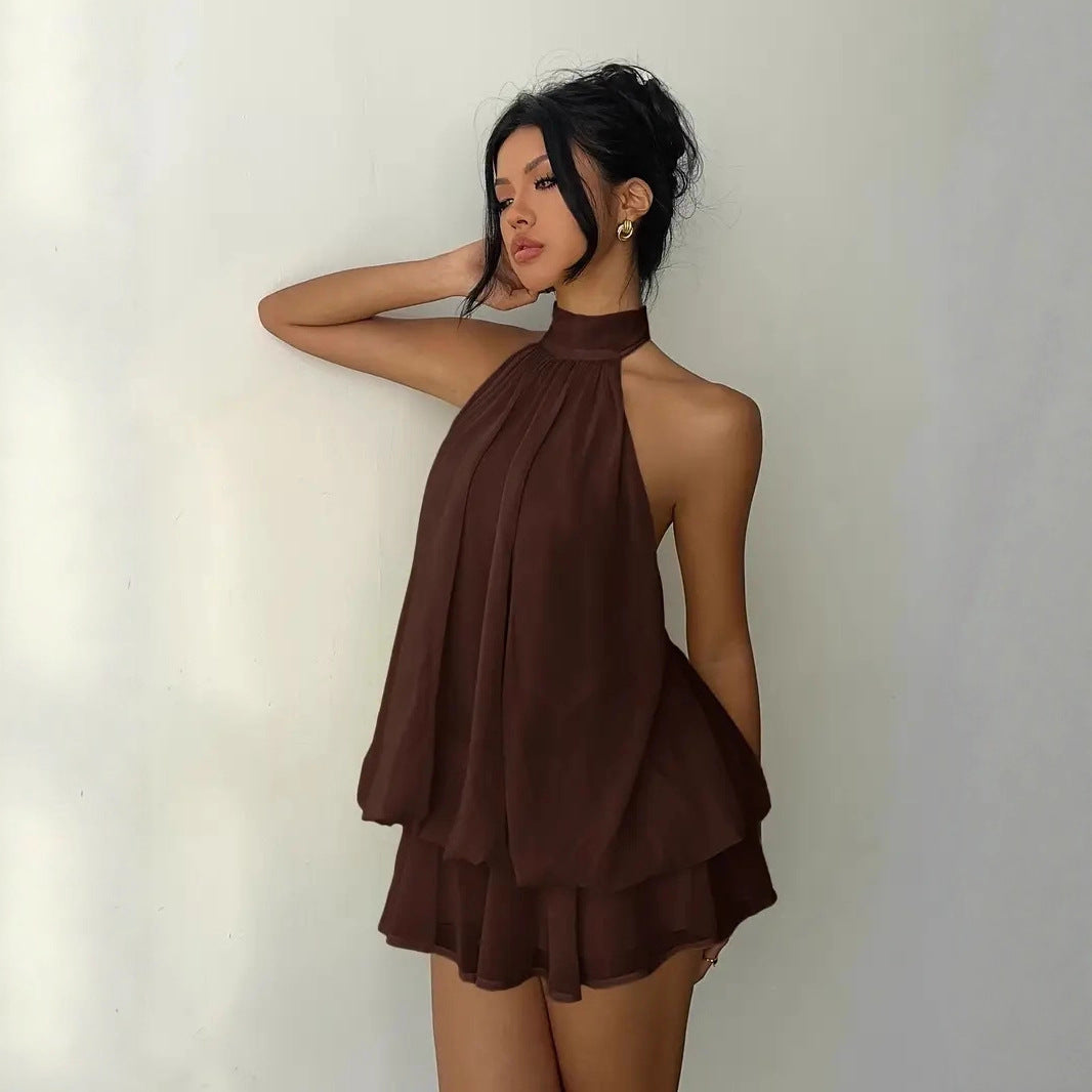 Women's Backless Halter Neck High-Waist Mini Dress with Puffy Skirt