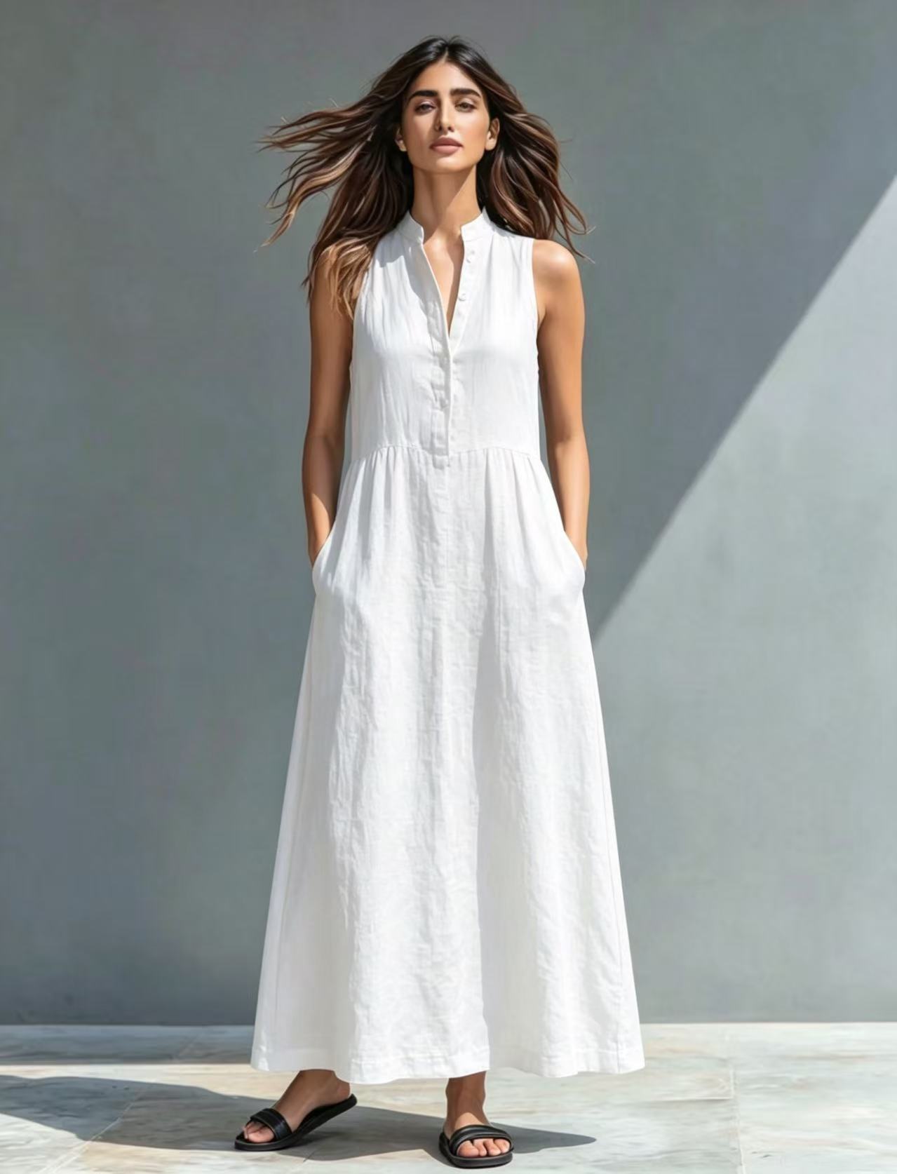 Women's Stand-Collar A-Line Maxi Dress – Resort & Vacation Style