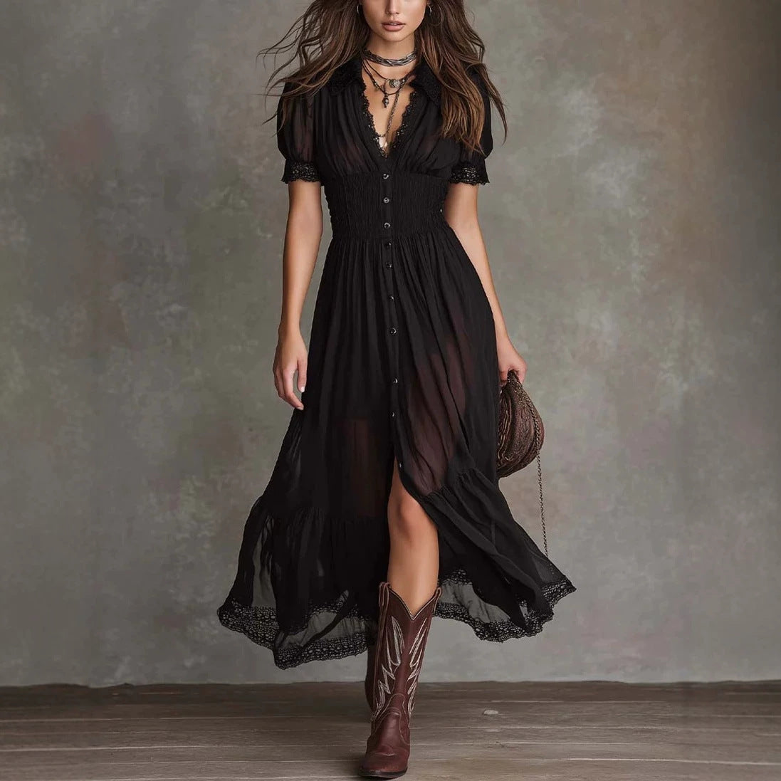 Women's Short Sleeve Bodycon Maxi Dress | Ruffled Hem Side Slit Dark Chic Dress in Black