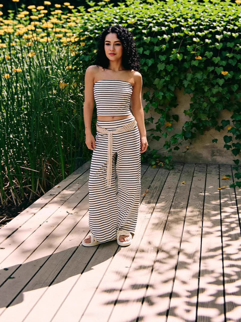 Women's Striped Tube Top & Pants Set – 2-Piece Modal Matching Outfit
