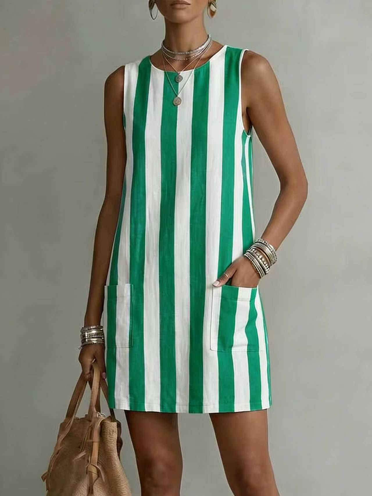 Women's Striped Color-Block Sleeveless Mini Dress – Loose Fit