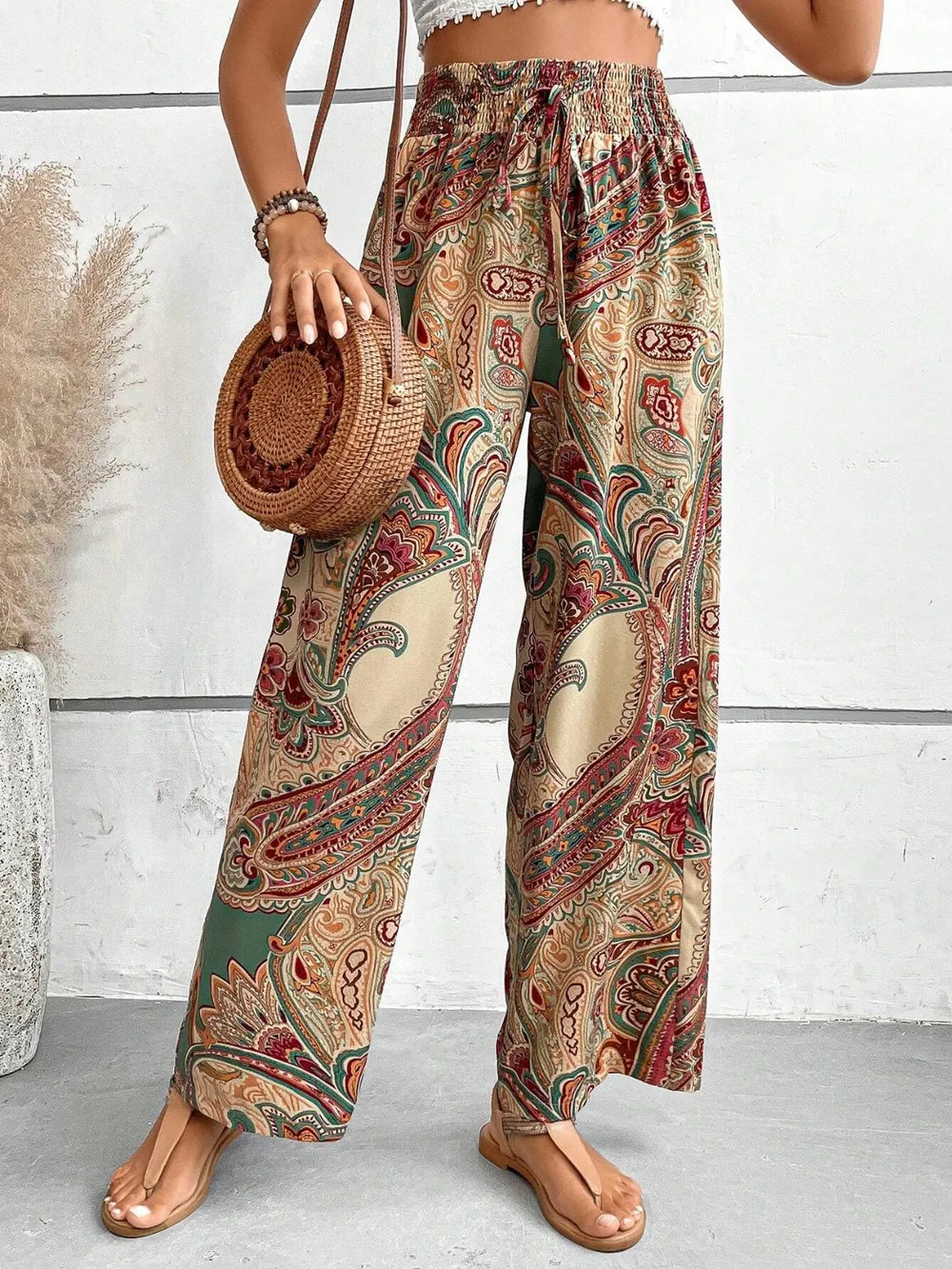 Women's Paisley Print Wide-Leg Pants – Boho Smocked Elastic Waist Tie-Up Flowy Trousers