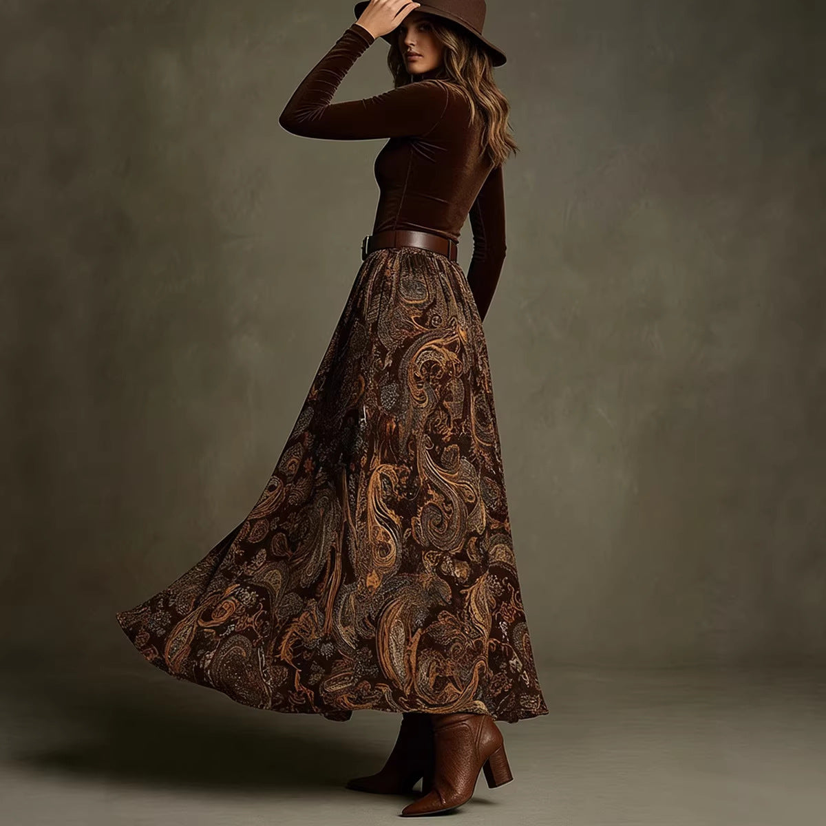 Women's Floral Print Long Sleeve Skirt Set with Belt – Caramel