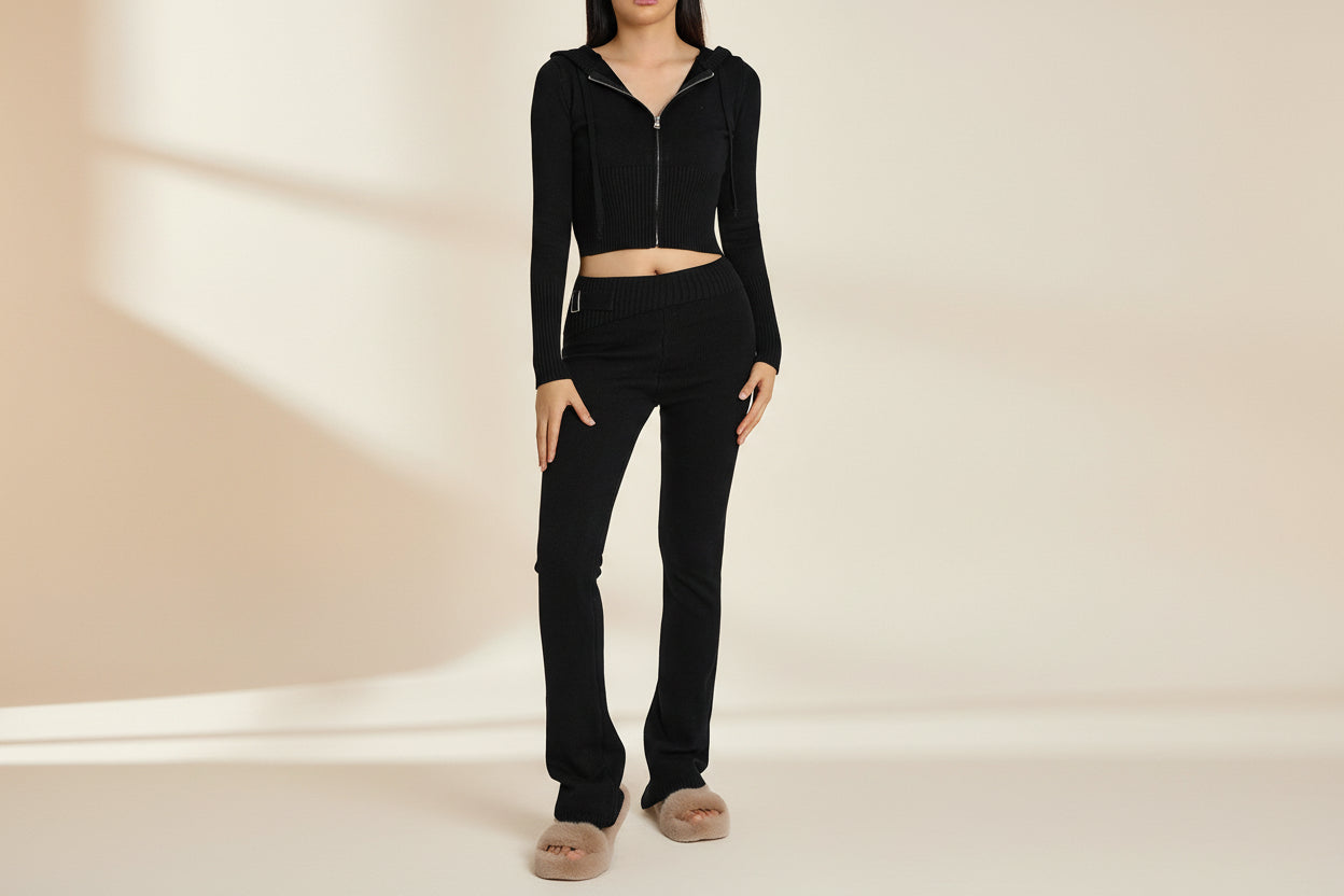 Women’s Knitted Hooded Two-Piece Set – Cardigan & High-Waisted Pants Suit