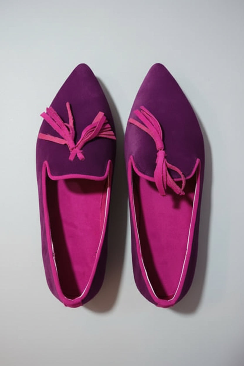 Women's Suede Pointed Toe Tassel Flats – Shallow Mouth Low Heel Casual Shoes
