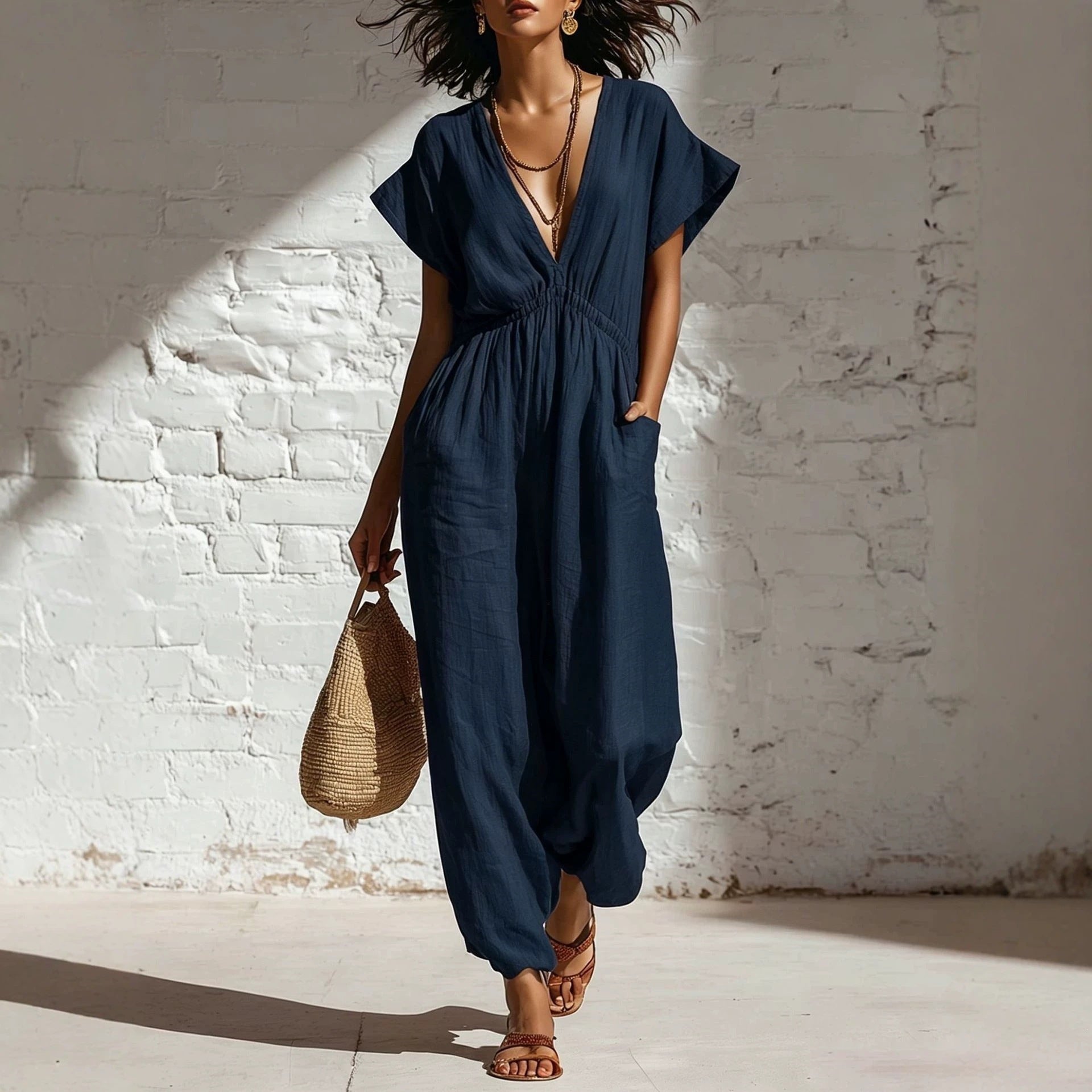 Women's Deep V-Neck Three-Quarter Sleeve High Waist Wide Leg Pants