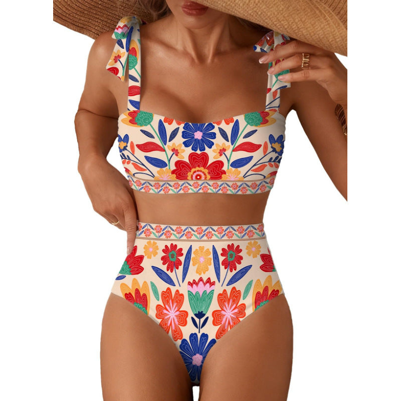 Tie-Shoulder Striped High-Waisted Bikini Set – Two-Piece Swimsuit for Women