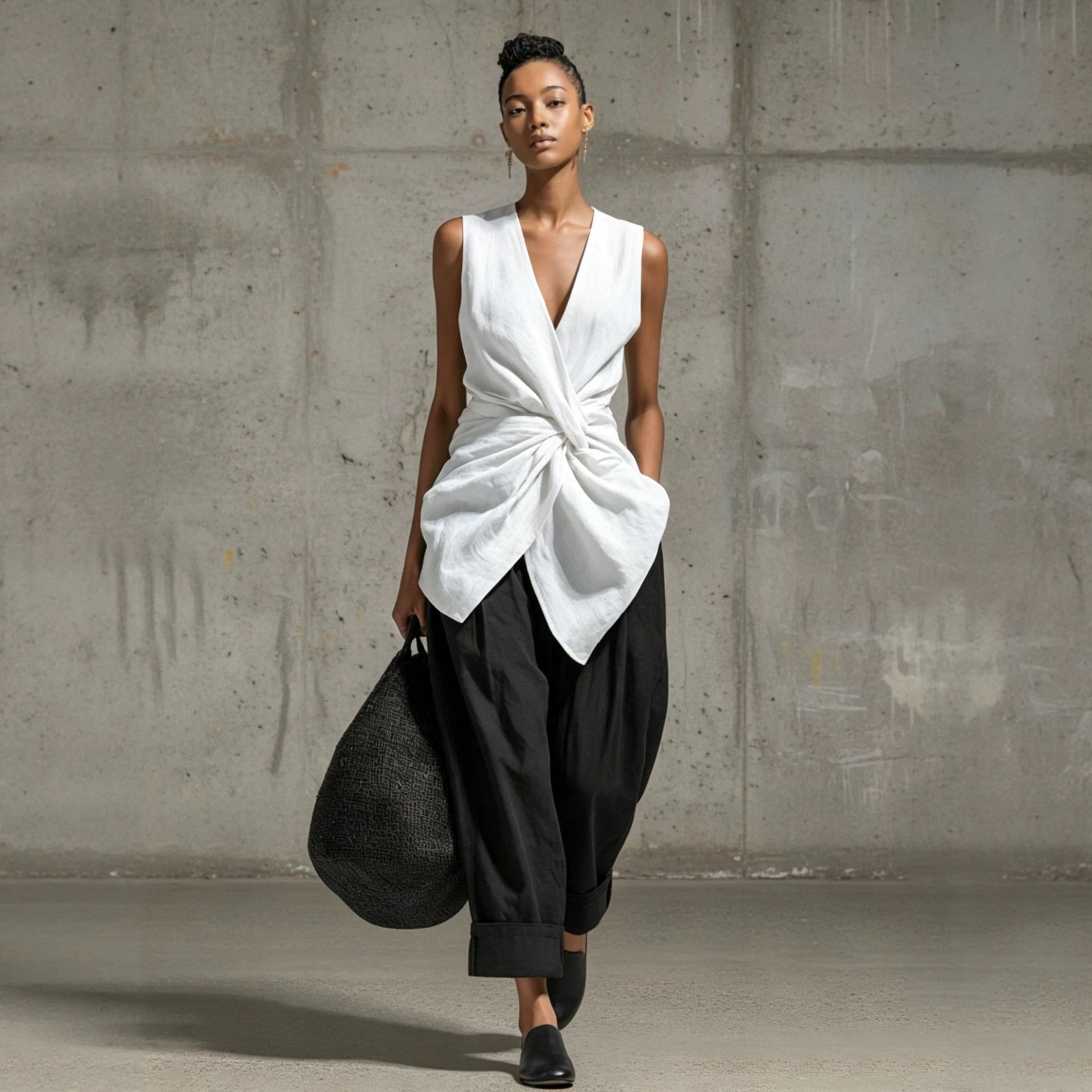 Women's Tie-Front V-Neck Sleeveless Top & Wide-Leg Pants Set