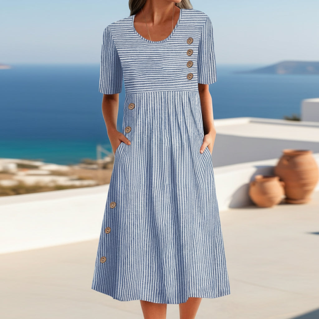 Button-Down Swing Maxi Dress – Short Sleeve Pocket Pullover Long Dress
