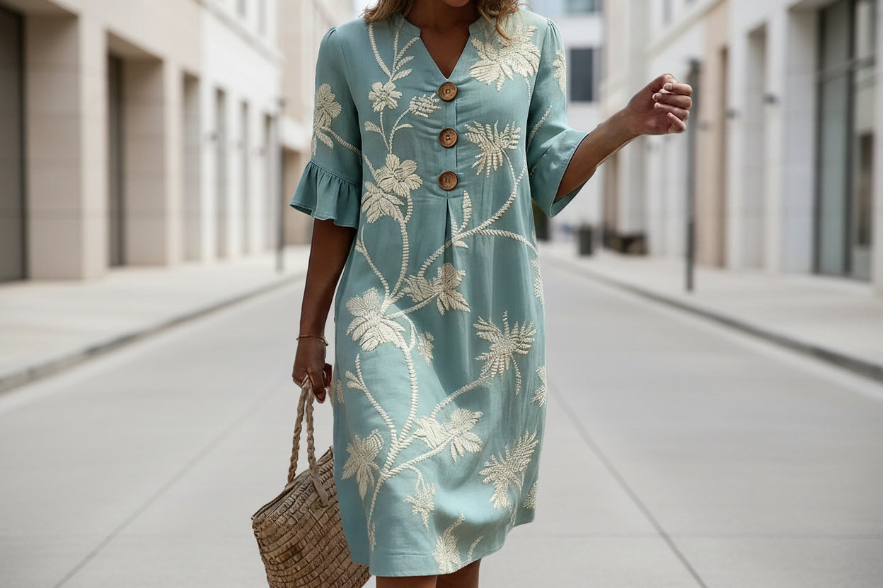 Women's Resort V-Neck Coconut Print Loose Three-Quarter Sleeve Dress