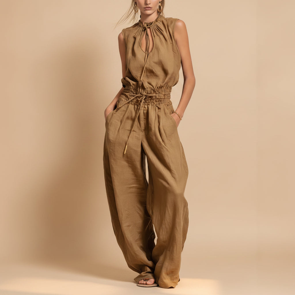Women's Sleeveless High-Waist Wide-Leg Pleated Jumpsuit