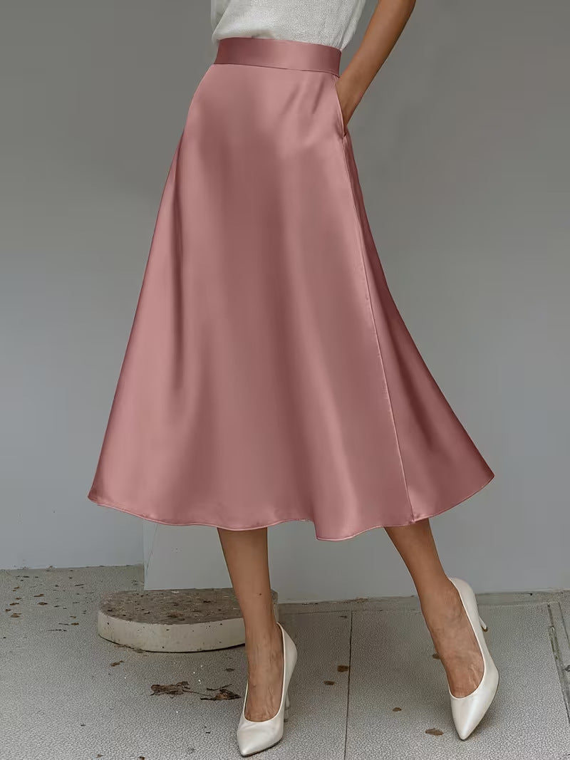 Women's Satin Solid Color Mid-Length Skirt – Slight Stretch