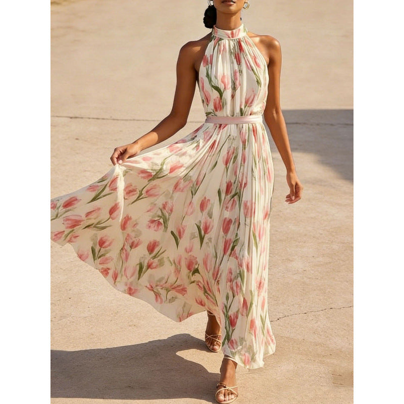 Women's Halterneck High-Waist Swing Dress – Floral & Solid Prints