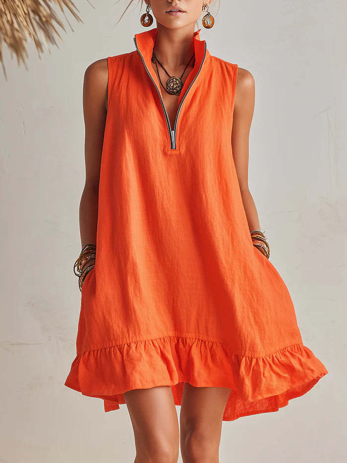 Women's Casual Loose Half-Zip Sleeveless Dress with Ruffle Hem
