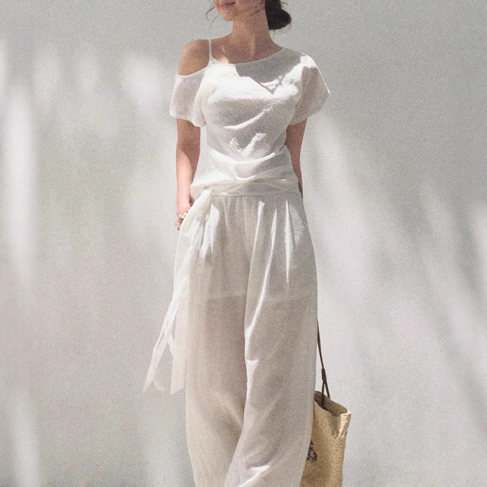Linen Off-Shoulder Asymmetric Casual Set – 2 Colors, S–L