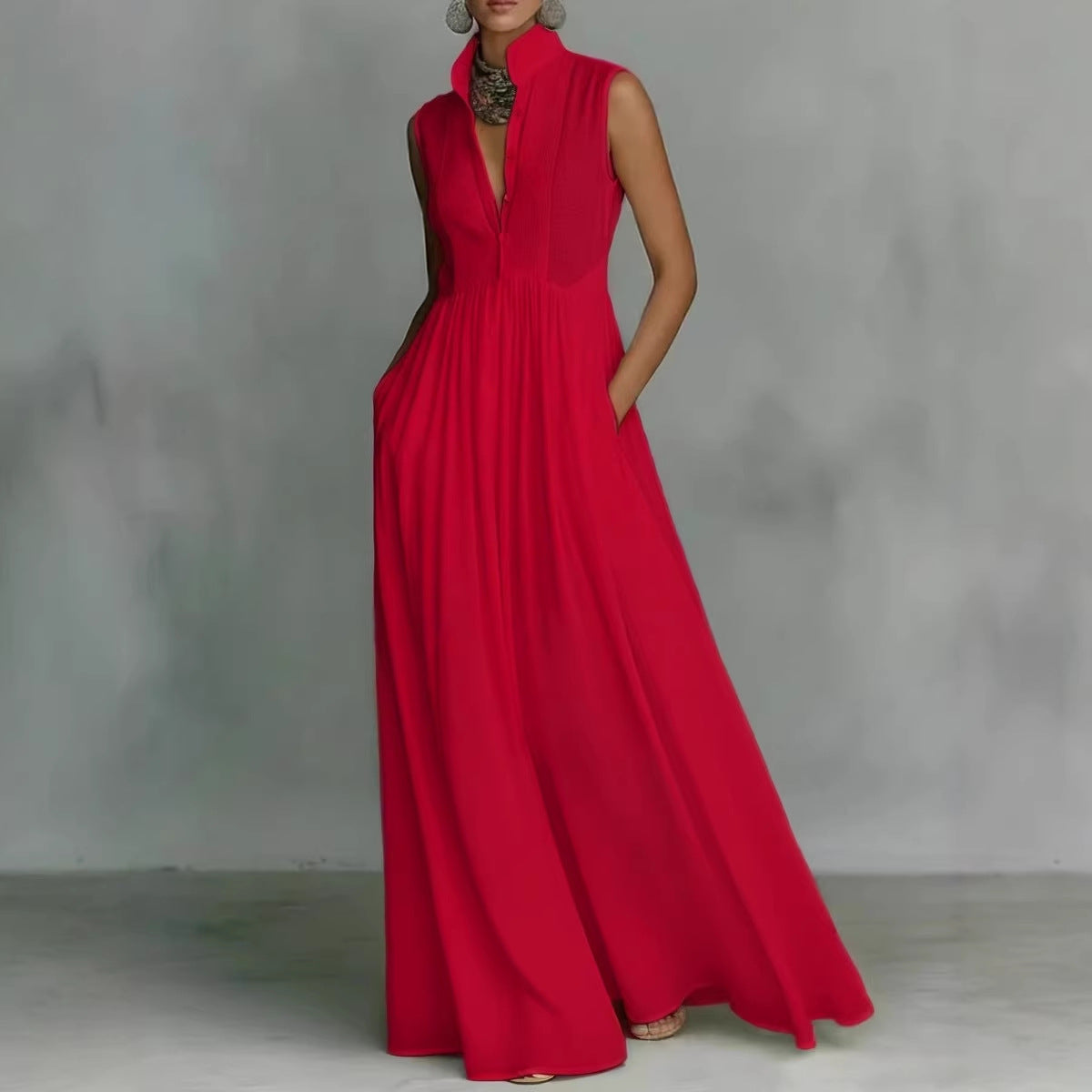 Women's French-Style High-Waist Midi Dress with Ribbon Tie