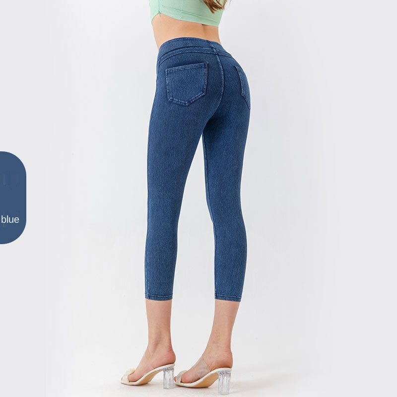 Denim-Look Capri Yoga Pants – Slim Fit High-Elastic Tummy Control Fitness Pants