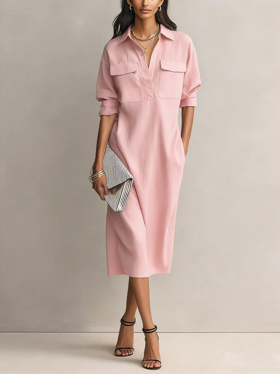 Women's Solid Color Pleated A-Line Midi Dress | Elegant Office Casual Shirt Collar Dress