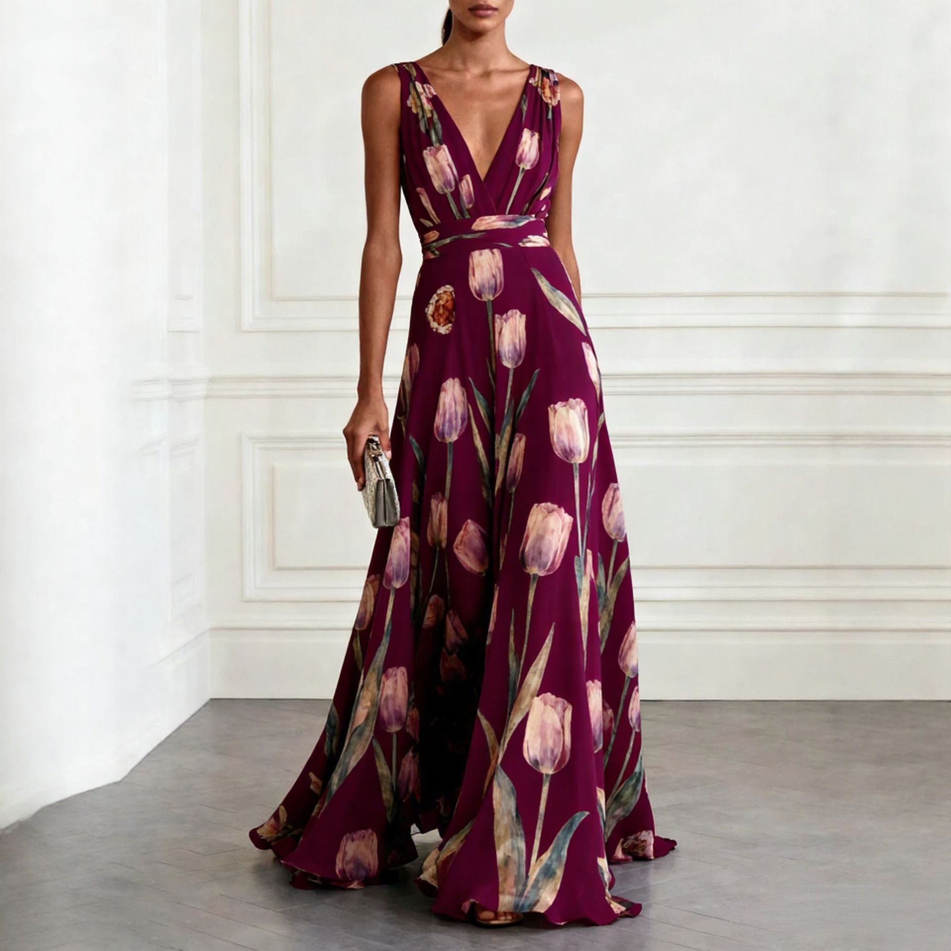 Women's Tulip Print Sleeveless Deep V-Neck A-Line Maxi Dress – 7 Colors