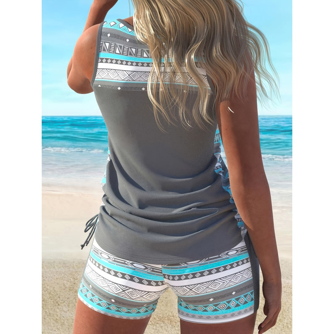 Plus Size Aztec Print Tankini Set – V-Neck Cross-Strap Top & Bike Shorts Two-Piece Swimsuit