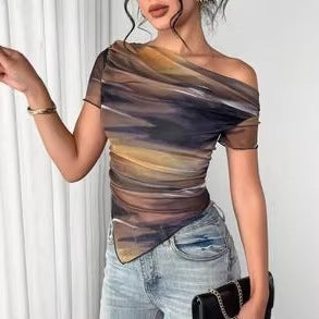 Women’s Tie-Dye One-Shoulder Mesh Ruched Top – Asymmetrical Stretch Tee for Going Out