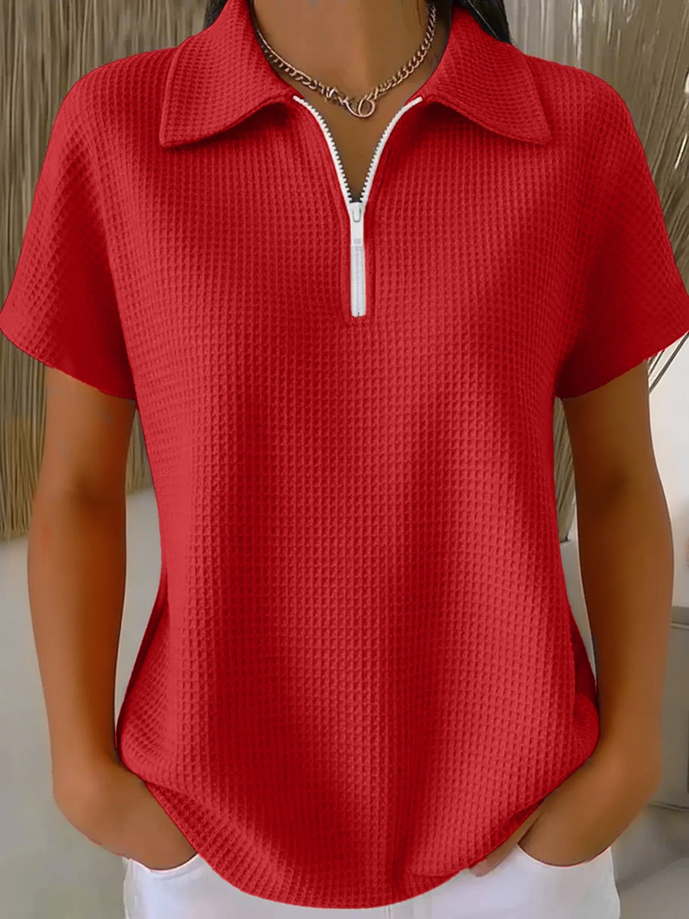 Drop Shoulder Half-Zip Waffle Knit Top – 3/4 Sleeve Pullover