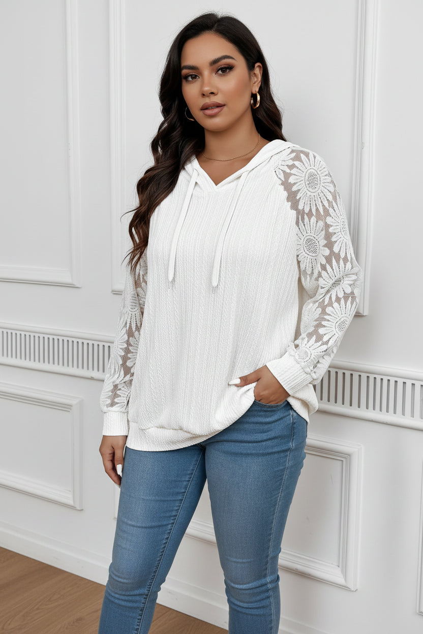 Women's Round-Neck Hollow-Out Lace Paneling Long Sleeve Pullover – White