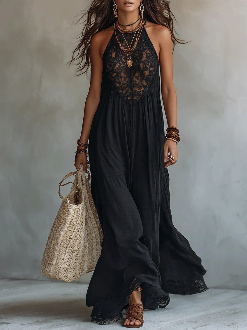 Women's Black Lace Trim Sleeveless Loose Maxi Dress