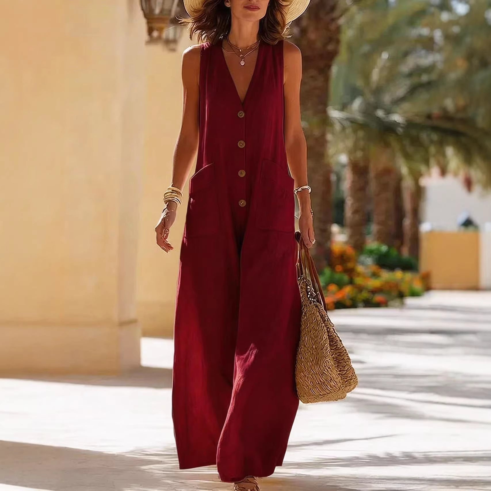 Women's Sleeveless Wide-Leg Jumpsuit – Button Pockets