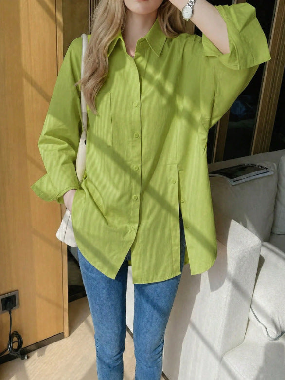 Women's Solid Color Drop Shoulder Button Side Slit Shirt