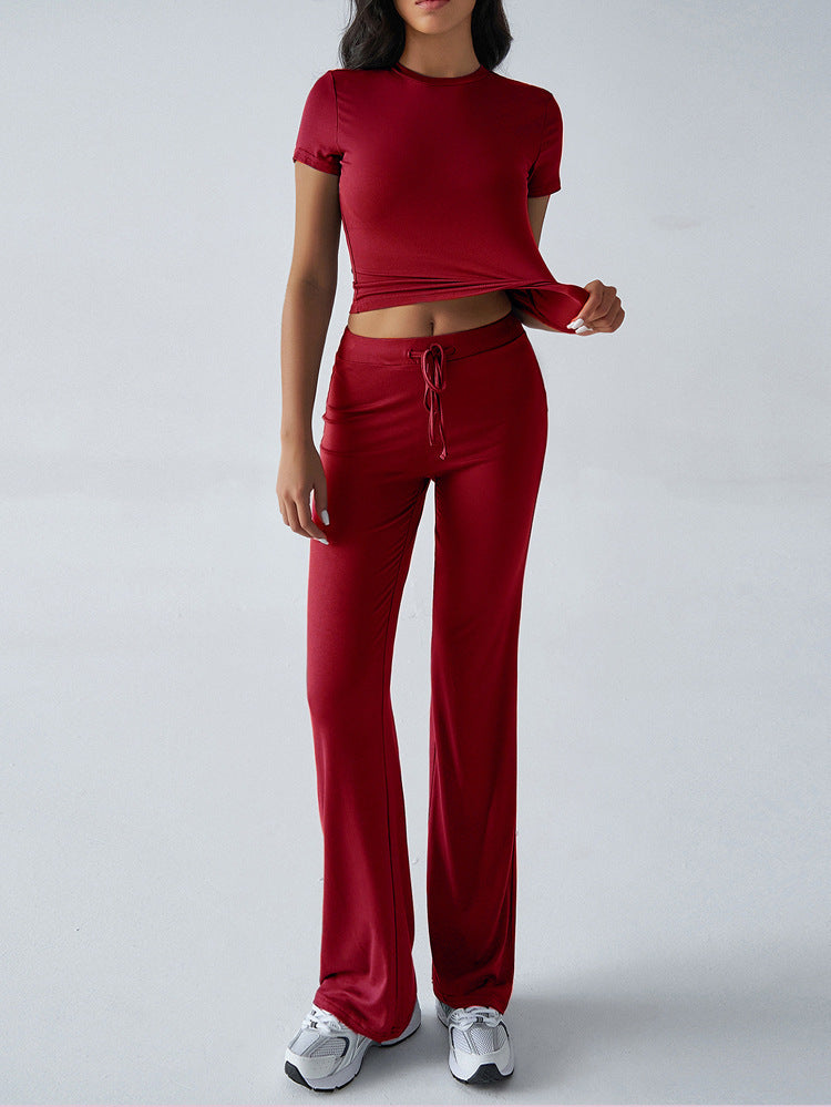 Crew Neck Short Sleeve Top & Full-Length Pants Set – Solid Color, 10 Colors