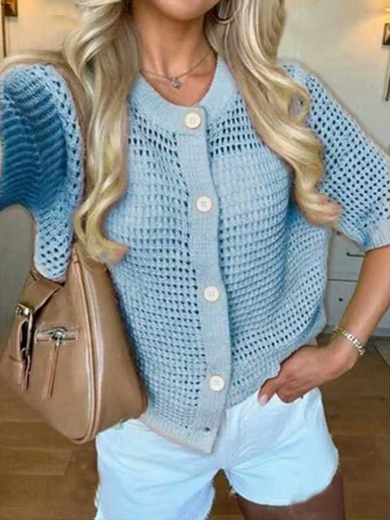 Women's Hollow-Out Knit Cardigan – Open Front, Short Sleeve, Solid Color