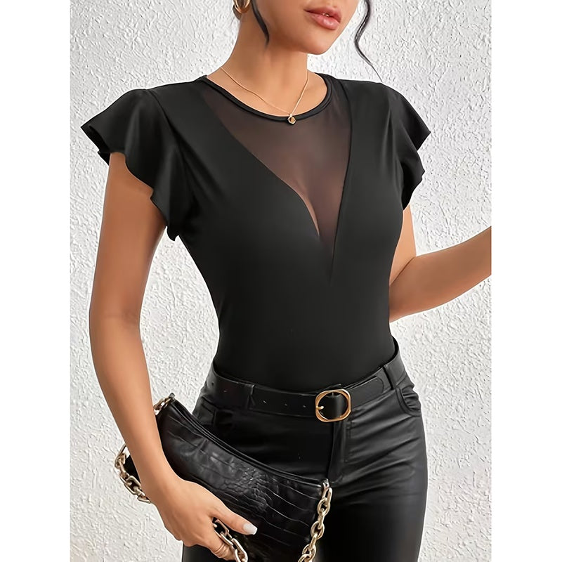 Women’s Summer Ruffle Mesh Panel Top – Short Sleeve Slim Fit Casual Tee Blouse