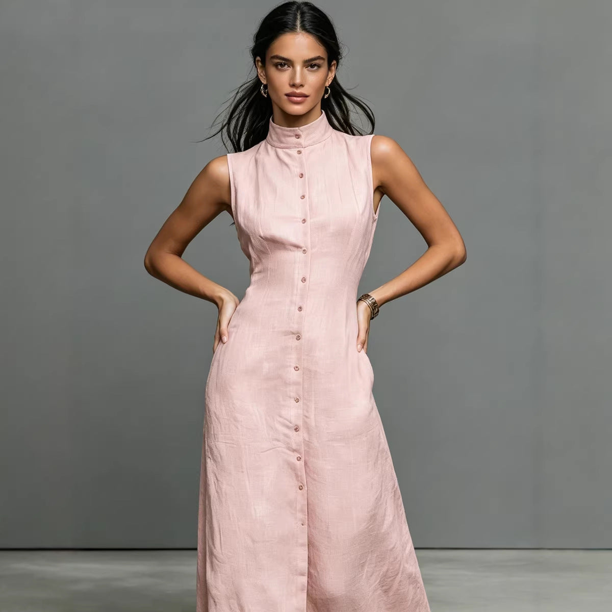 Women's Stand-Collar Single-Breasted Sleeveless Midi Dress