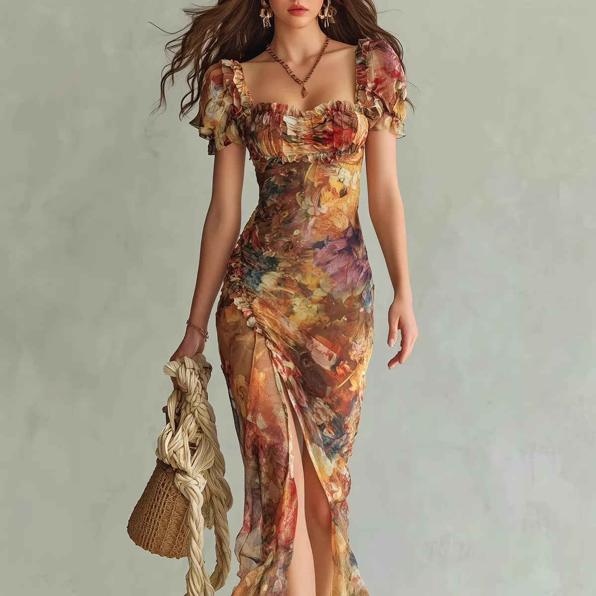 V-Neck Waist-Cinched Ruffle Hem Maxi Dress – Bodycon Long Dress in Orange