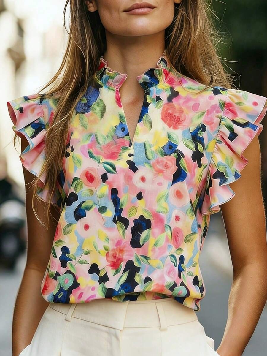 Women's Retro Ruffle-Trim Printed Sleeveless Top