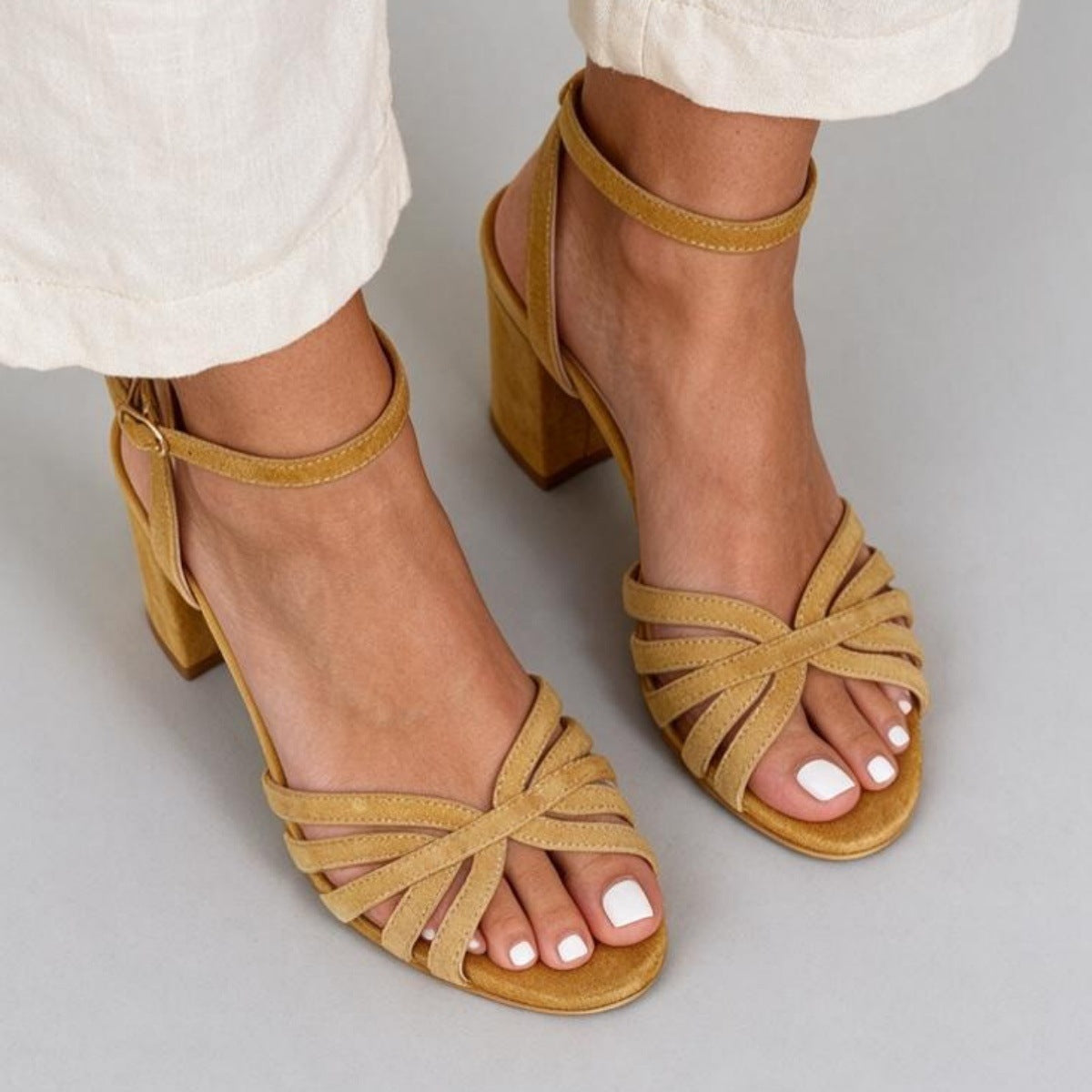 Women's Mustard Yellow Multi-Strap Block Heel Sandals – Open Toe