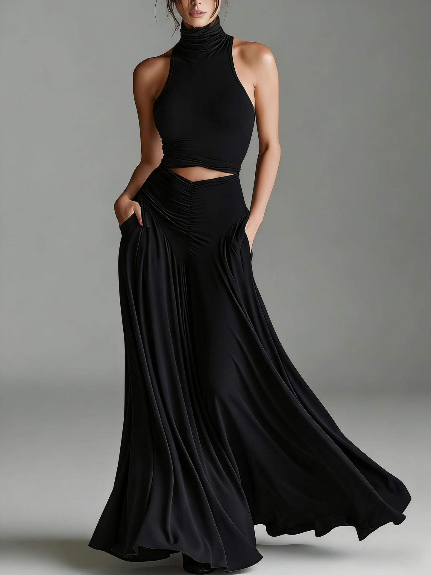 Women's Sleeveless High-Neck Top & Elegant Long A-Line Dress Two-Piece Set