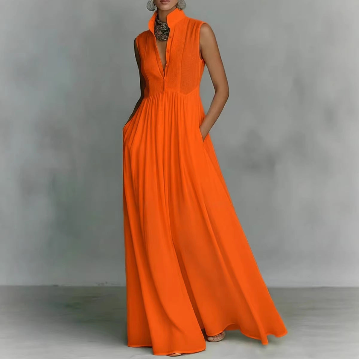 Women's French-Style High-Waist Midi Dress with Ribbon Tie