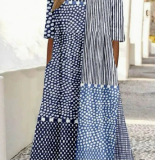Women's Plus-Size Patchwork Maxi Dress – Relaxed Fit Casual Skirt