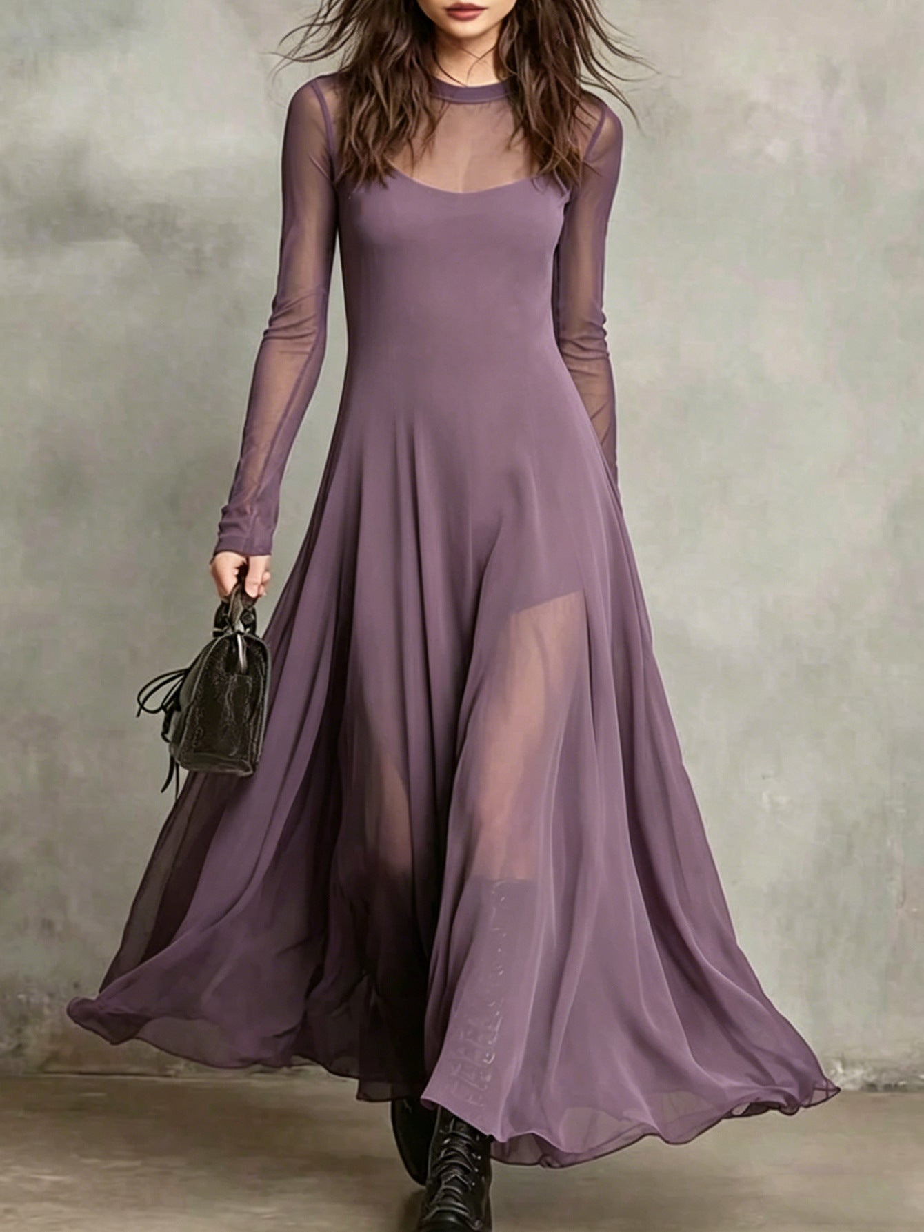 Women's Elegant Mesh-Spliced Maxi Dress — High Waist Slim Fit Patchwork
