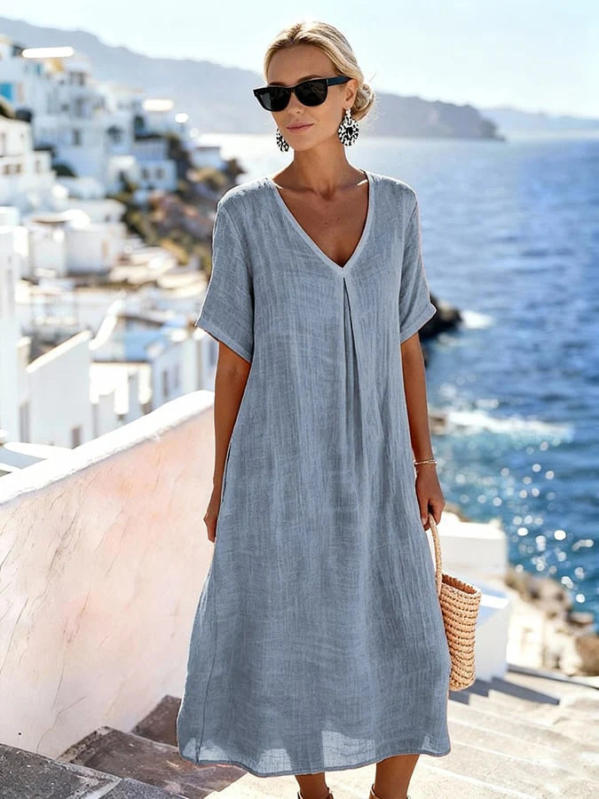 Patchwork Asymmetrical Maxi Dress – Relaxed V-Neck Style